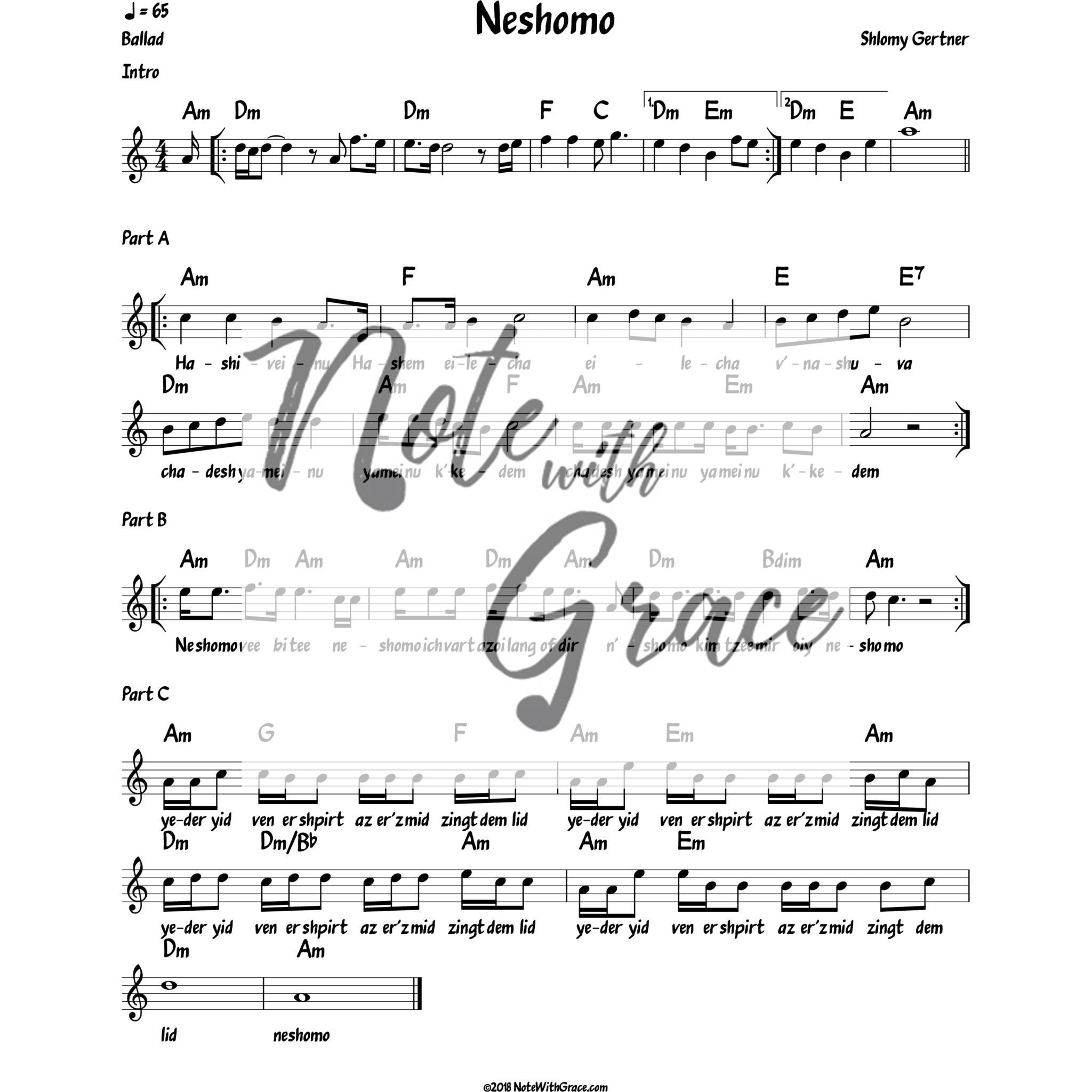 Neshama Lead Sheet (Shloimy Gertner) Album: Minchah Released 2017-Sheet music-NoteWithGrace.com